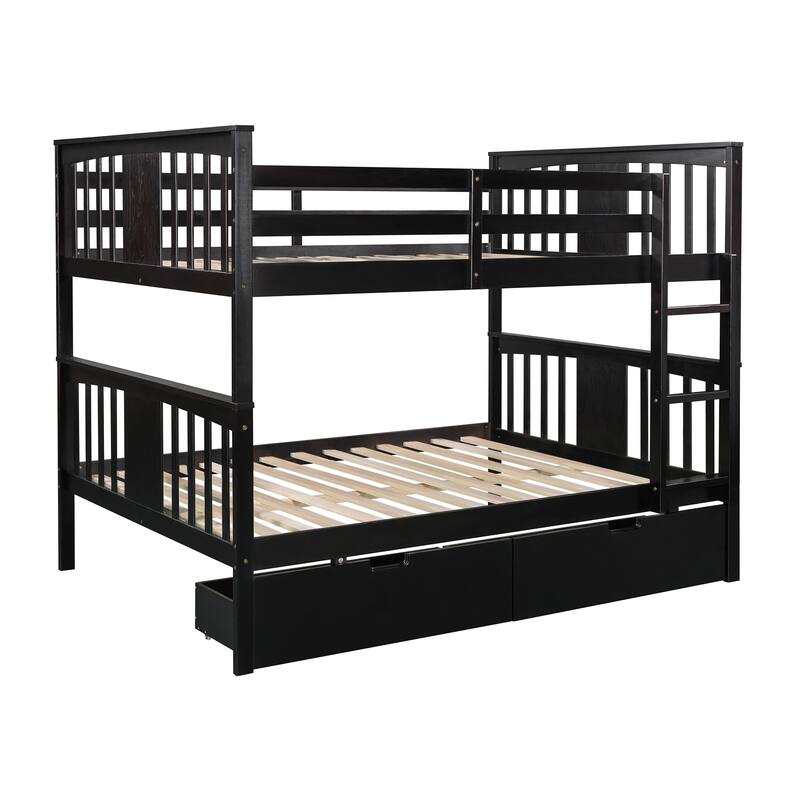 Full Pine Bunk Bed with Drawers, Ladder, and Headboard, Convertible to Two Beds