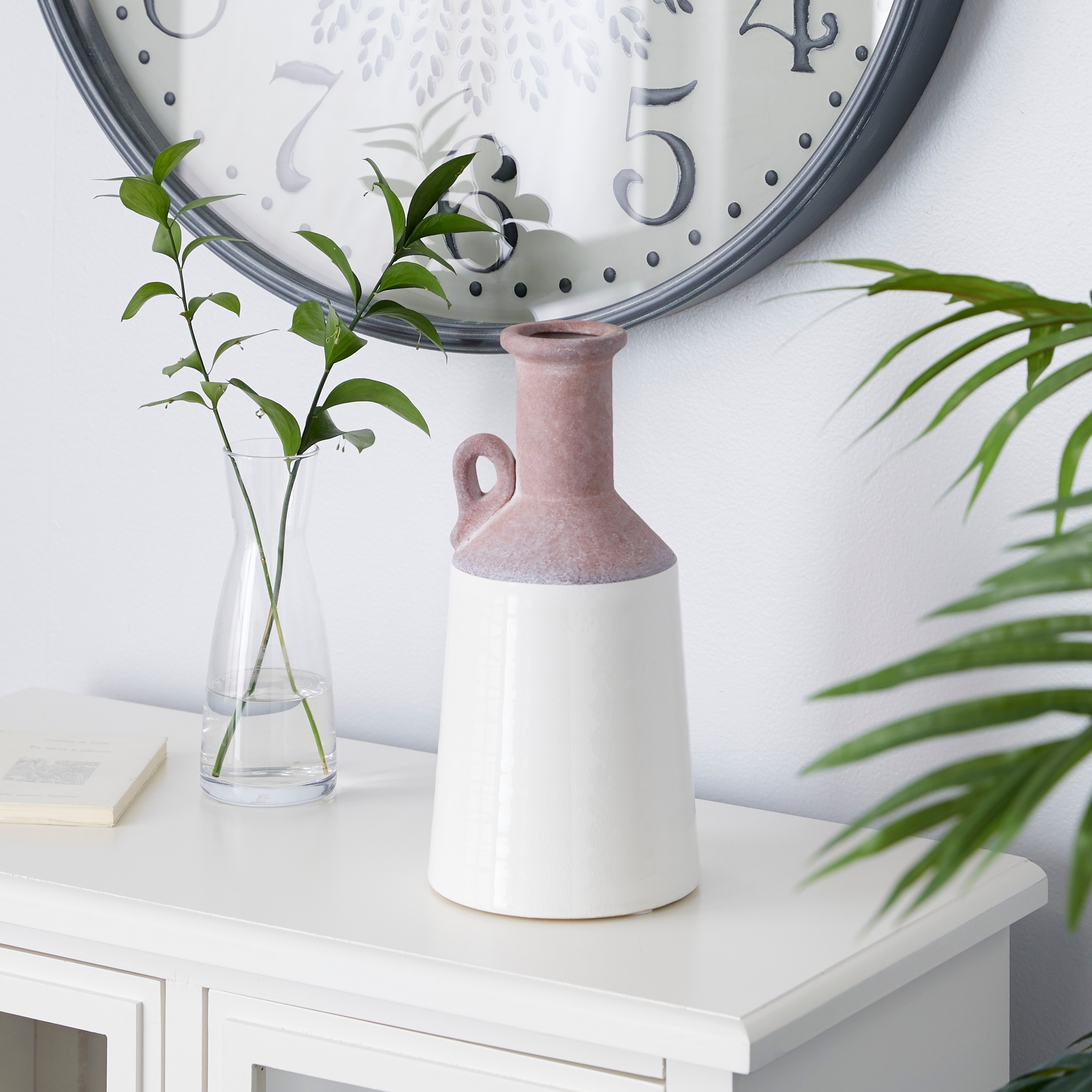 White Ceramic Vase with Pink Accents - 6 x 6 x 12