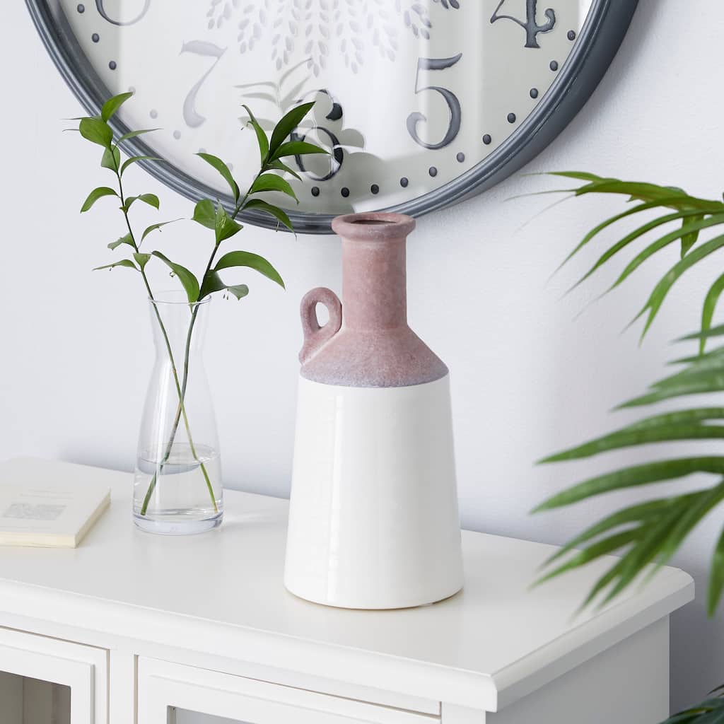 White Ceramic Vase with Pink Accents - 6 x 6 x 12