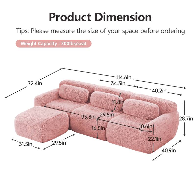 L-Shaped Boneless Sectional Sofa Set with Ottoman, Throw Pillows, 32D High-Density Sponge, No Assembly Required