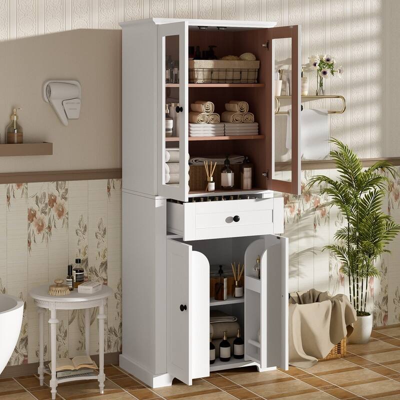 Modern 67.2"H Bathroom Storage Cabinet with Glass Doors Adjustable Shelves and Soft-Close Drawer