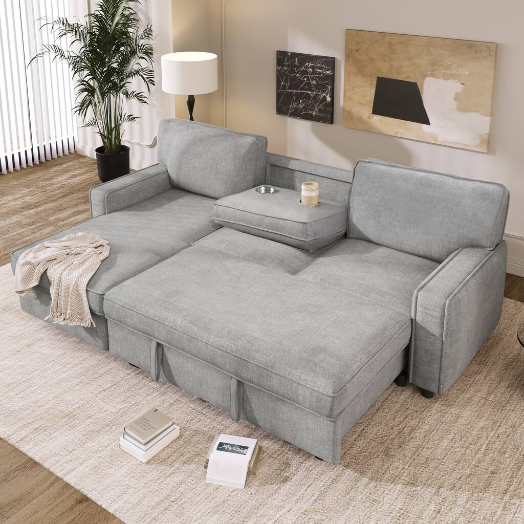 Upholstery Sleeper Sectional Sofa with Storage, USB Ports & Cup Holders, Convertible L-Shaped Couch with Chaise