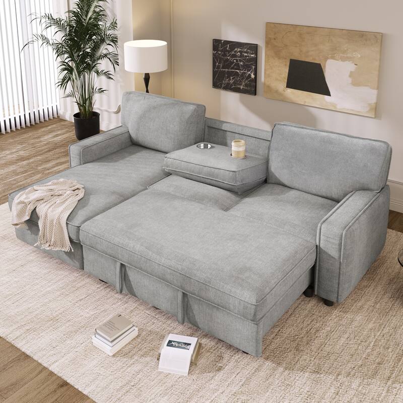 Upholstery Sleeper Sectional Sofa with Storage, USB Ports & Cup Holders, Convertible L-Shaped Couch with Chaise - Grey