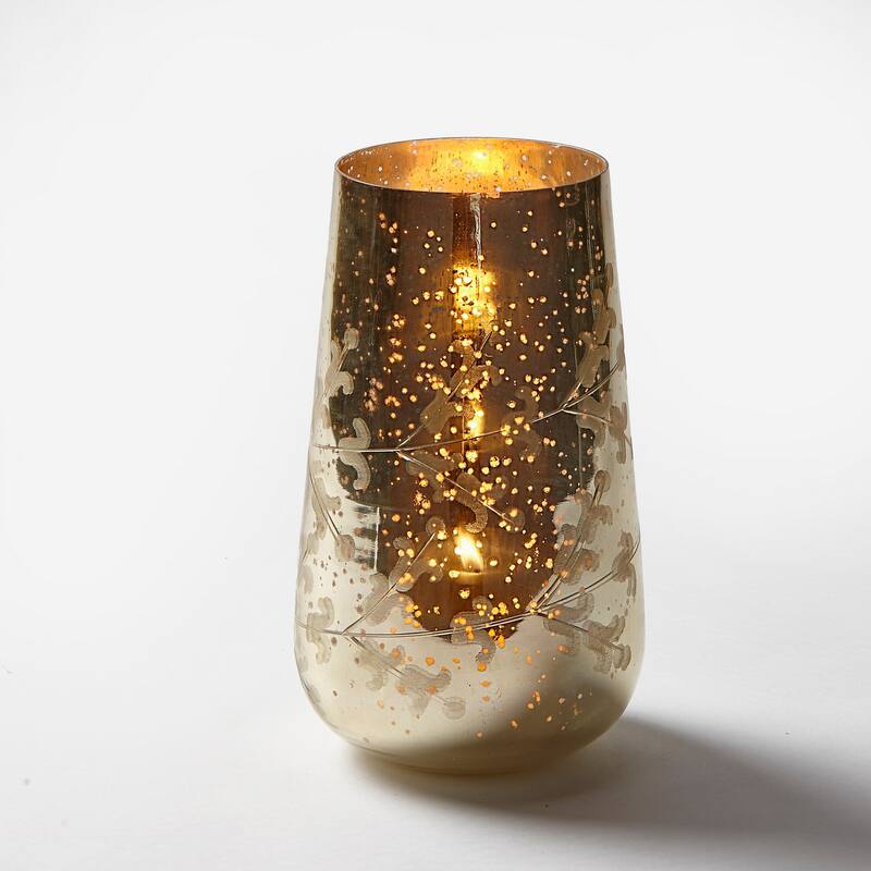 Antique Gold Leaf Glass Hurricane Vase Pillar Candle Holder, 6.0L x 6.0W X 10.0H inches