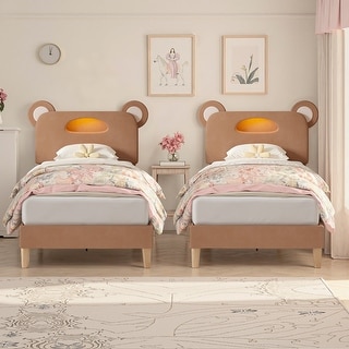 Javlergo Twin Size Upholstered Platform Bed Frame with Bear Ears Headboard and Light, Kids Bed Set of 2