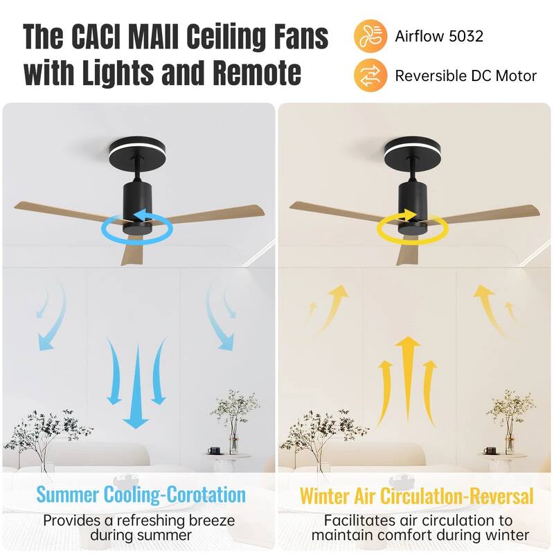 52'' Flush Mount Ceiling Fan with Uplight & Remote Control Indoor Outdoor Reversible