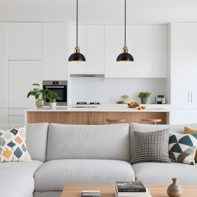 Modern Industrial 1-Light (6 Inch) Dome Black Gold Metal Pendant Light for Kitchen Island - 6" D x 6'' H