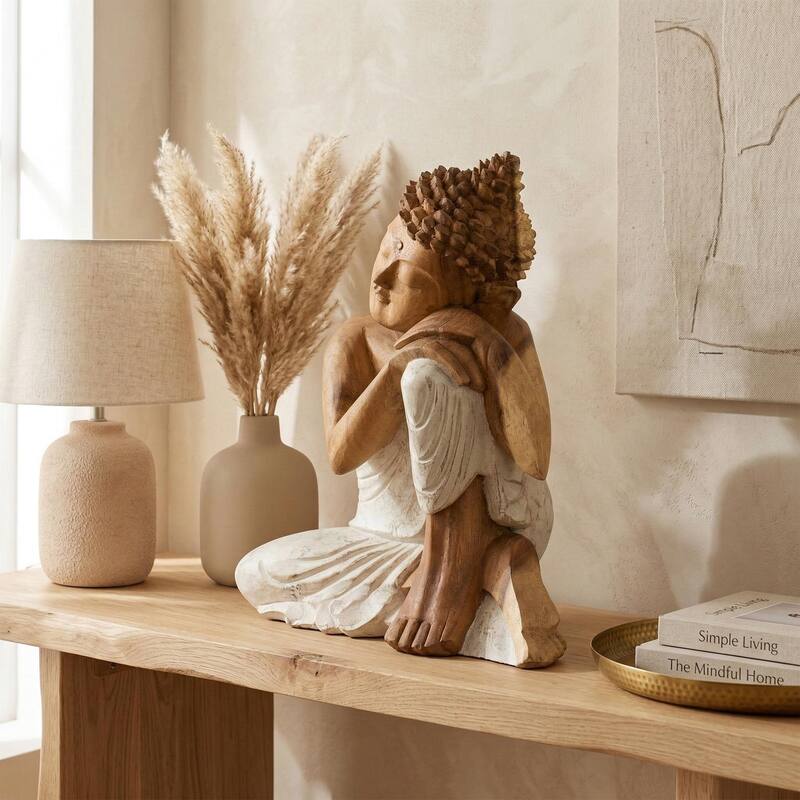 Wood Sleeping Buddha Statue - Hand Carved Whitewashed Sculpture, Peaceful Zen Decor