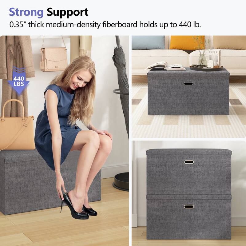 15" Tall Foldable Storage Ottoman Lift-Top Lid & Carry Handle Multi Functional Footrest Shoe Bench Coffee Table for Living Room