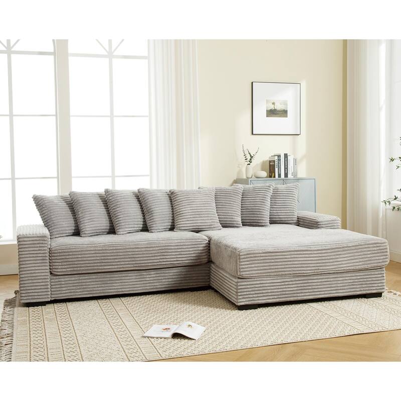 L Shaped Sectional Sleeper Sofa Corduroy Corner Sofa with Chaise Lounge and 8 Throw Pillows, Oversized Modular Daybed