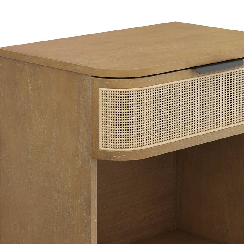 Keith Farmhouse Bedside Table, Modern Coastal Nightstand, Rattan Nighstand with 1 Drawer for Bedroom