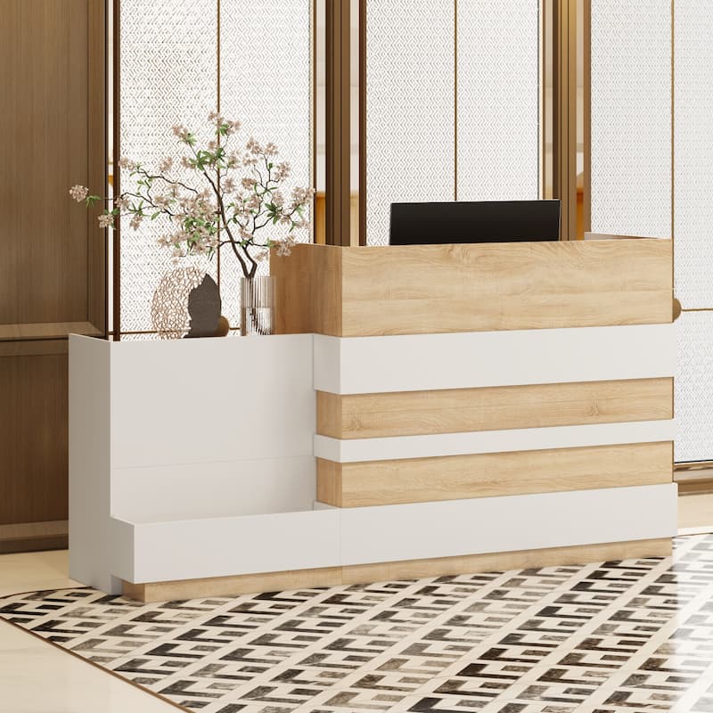 Modern Hotel Reception Desk - White + Oak with Keyboard Drawer