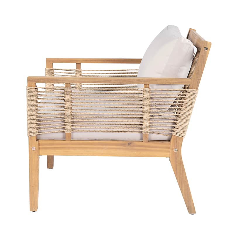 Roomfitters Set of 2 Patio Club Chairs, Outdoor Wood Lounge Chair with Upholstered Cushions, Rope Weave, Teak+ Beige