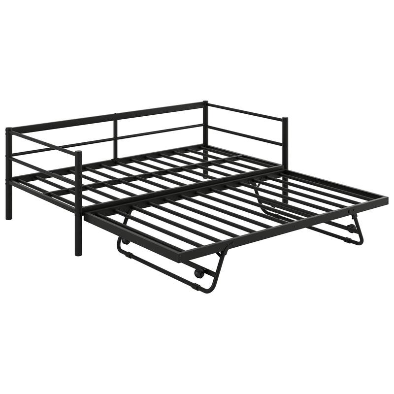 Twin Size Metal Daybed with LED, Adjustable Trundle, Black
