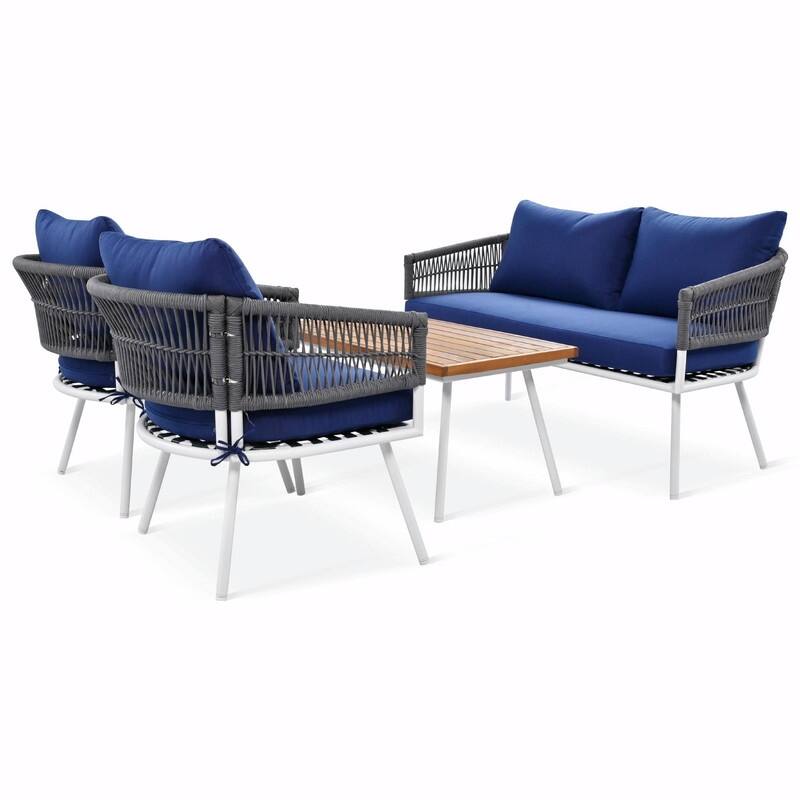 4-Piece Boho Rope Patio Furniture: Outdoor Seating with Acacia Wood Table, Thick Cushions