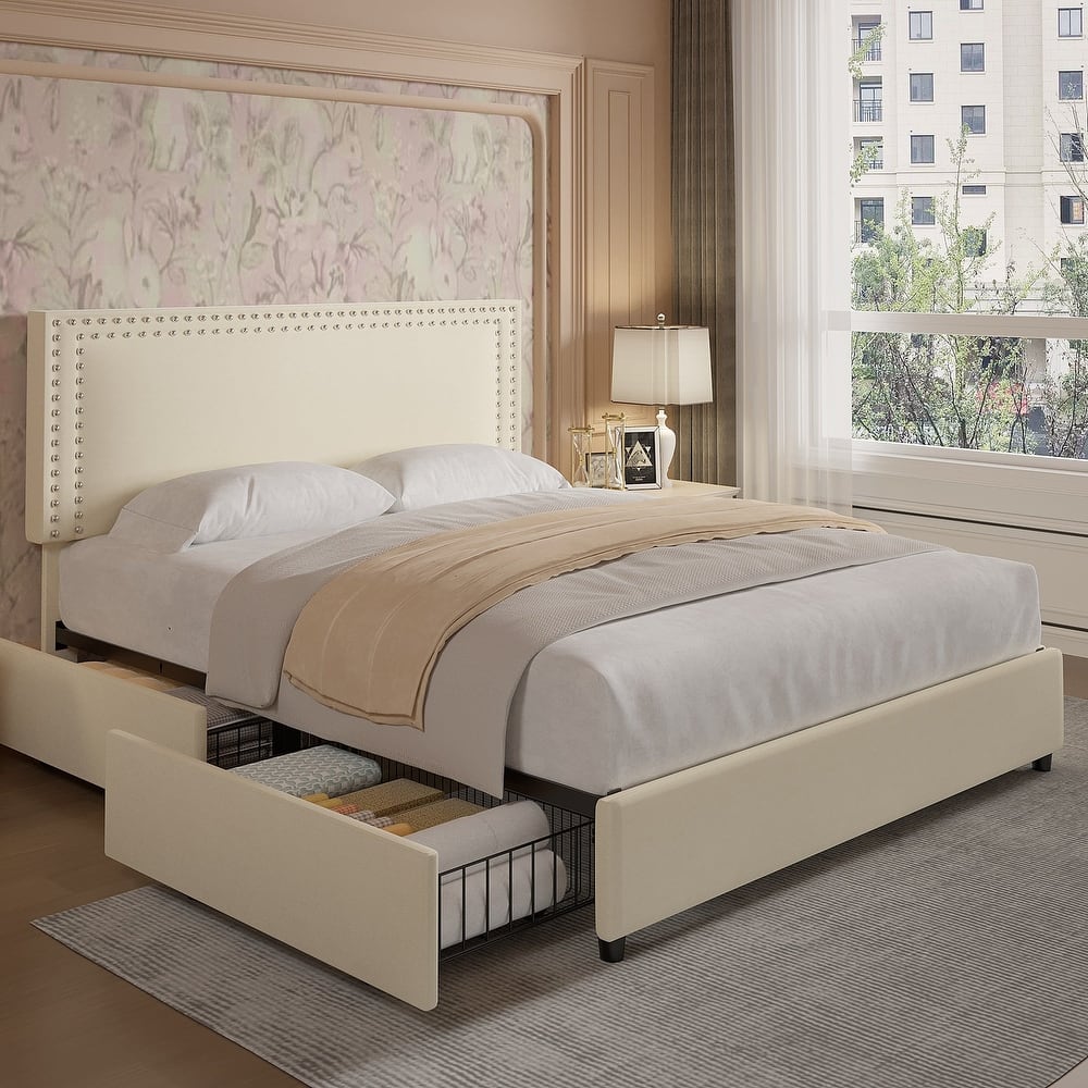 VECELO Upholstered Storage Bed Frames with 4 Storage Drawers Platform Bed Frame with Adjustable Velvet Rivets Headboard