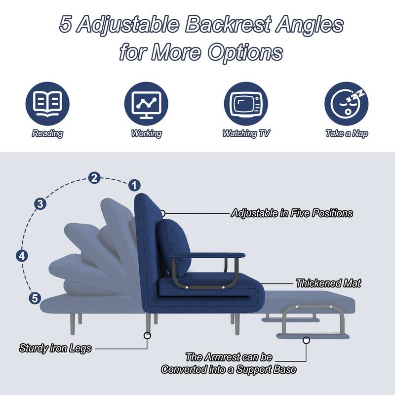 Roomfitters 3-in-1 Convertible Chair Folding Sofa Bed, 5-Position Adjustable Backrest Sleeper Chair with Pillow, Blue