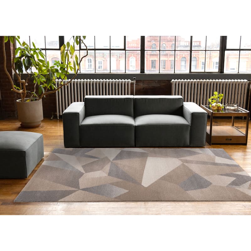 Taupe Beige Grey White Shattered Geometric Dense High-Traffic Rug