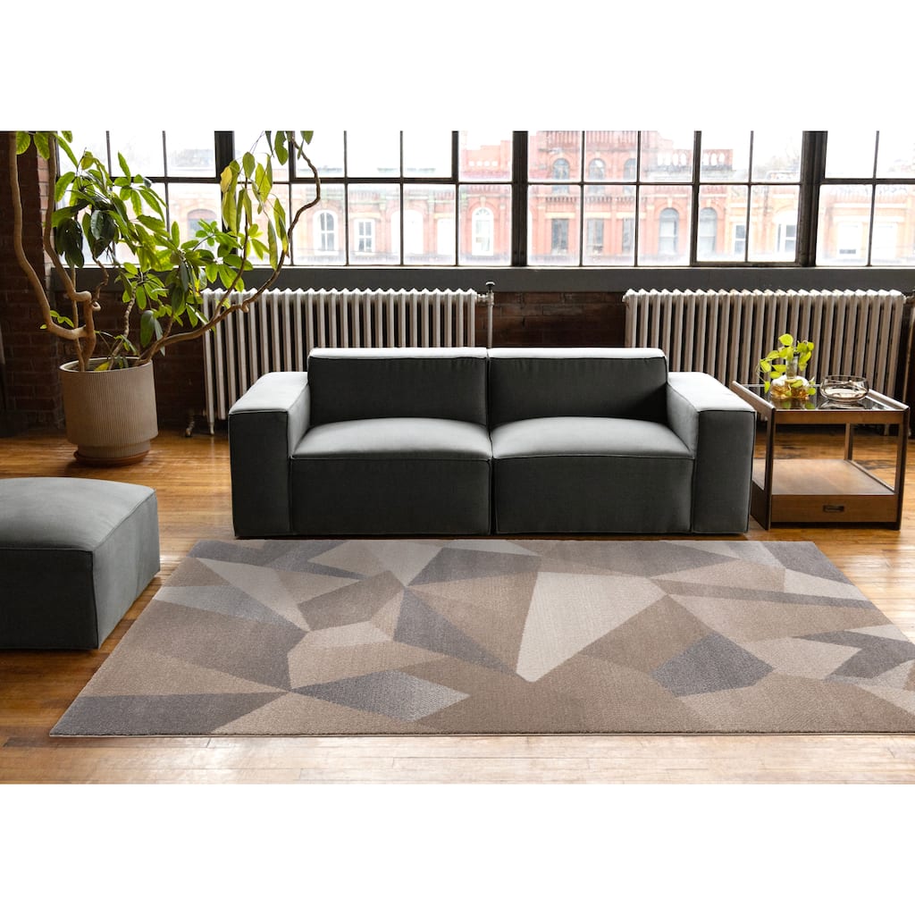 Taupe Beige Grey White Shattered Geometric Dense High-Traffic Rug