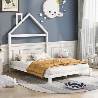 Wood Platform Bed with House-shaped Headboard