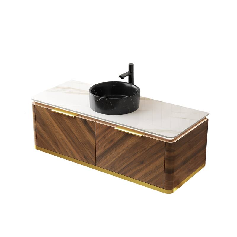 Floating Bathroom Vanity with Sintered Stone Top and Black Ceramic Round Basin