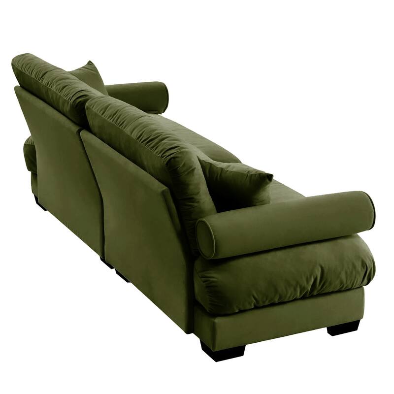 Anmytek Olive Green Large Modern Velvet 2-Seater Sofa with Bolstered Armrests Waist Pillows Throw Pillows