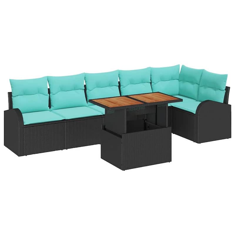 vidaXL 7 Piece Garden Sofa Set with Cushions Black Poly Rattan - 113.8×48.8×27.2