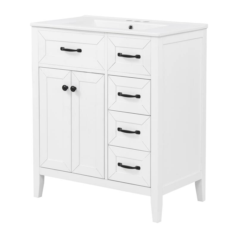 30" White Freestanding Bathroom Vanity with Ceramic Sink and Black Hardware