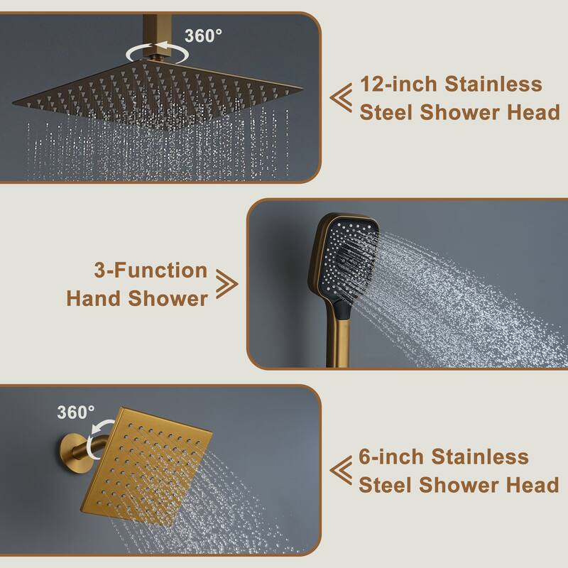 Celling 12 Inch Rainfall Shower Head 3 Function Thermostatic Shower System