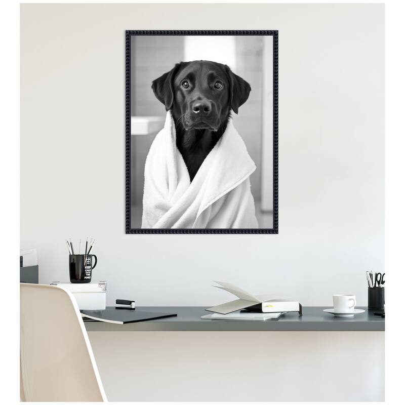 Kate and Laurel Sylvie Black Lab Bathroom Art Towel Robe Black and White Framed Canvas by The Creative Bunch Studio