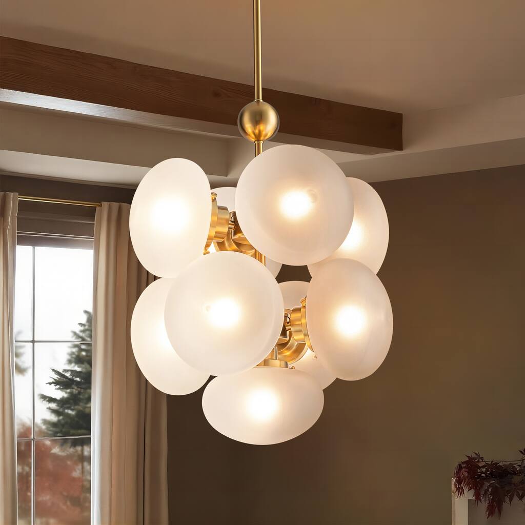 9-Light Modern Glam Gold Cluster Frosted Opal Globe Glass Chandelier for Dining Room, Living Room