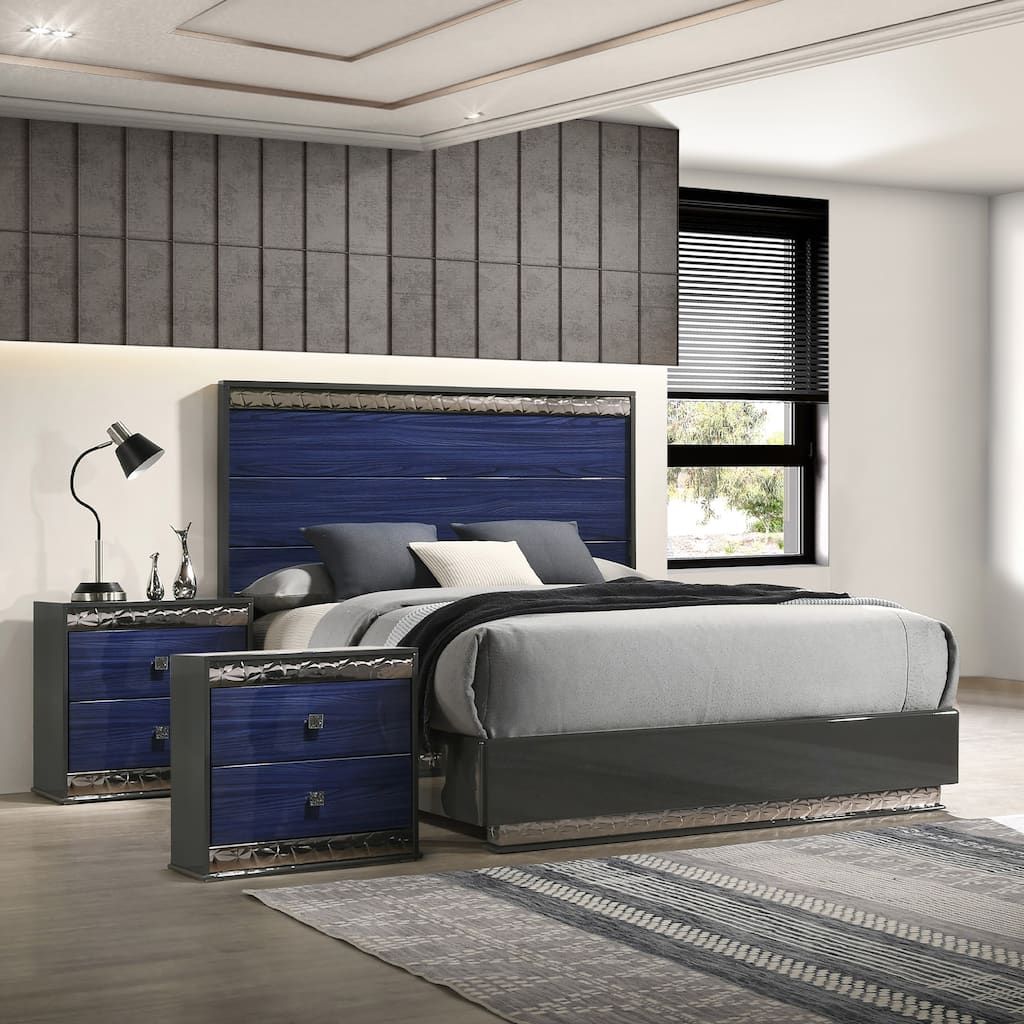 Furniture of America Luzen Glam 3-Piece Ash Grey and Indigo Blue Wood Queen Platform Bedroom Set