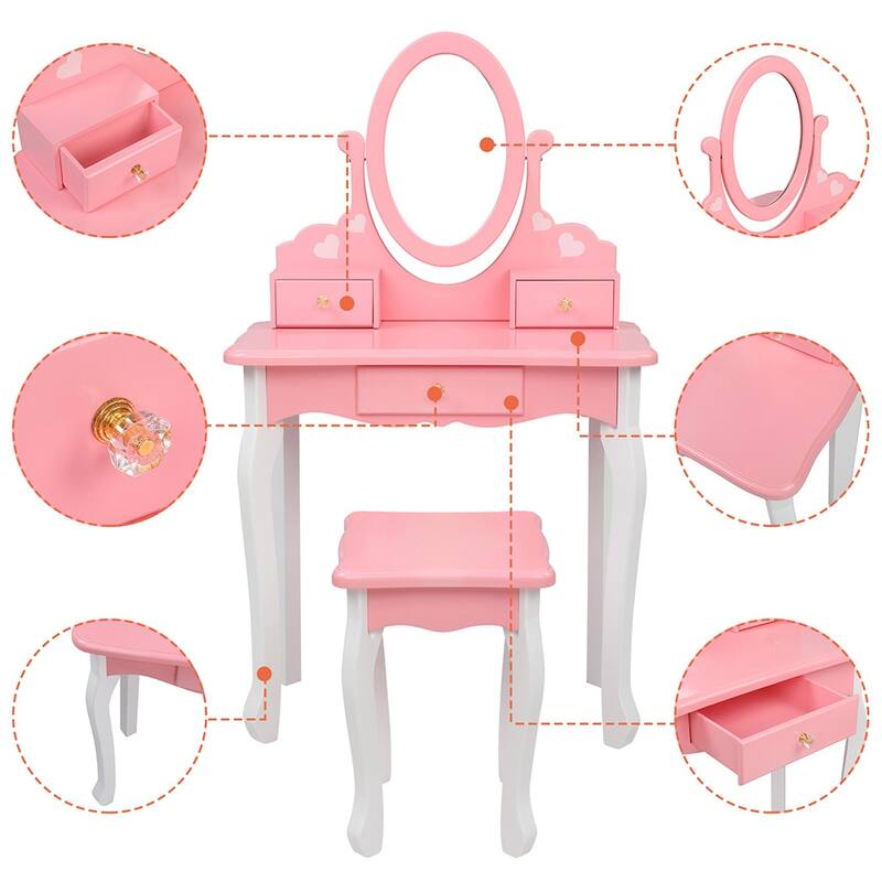 Kids Three Drawers Wooden Dressing Table Round Mirror with Stool