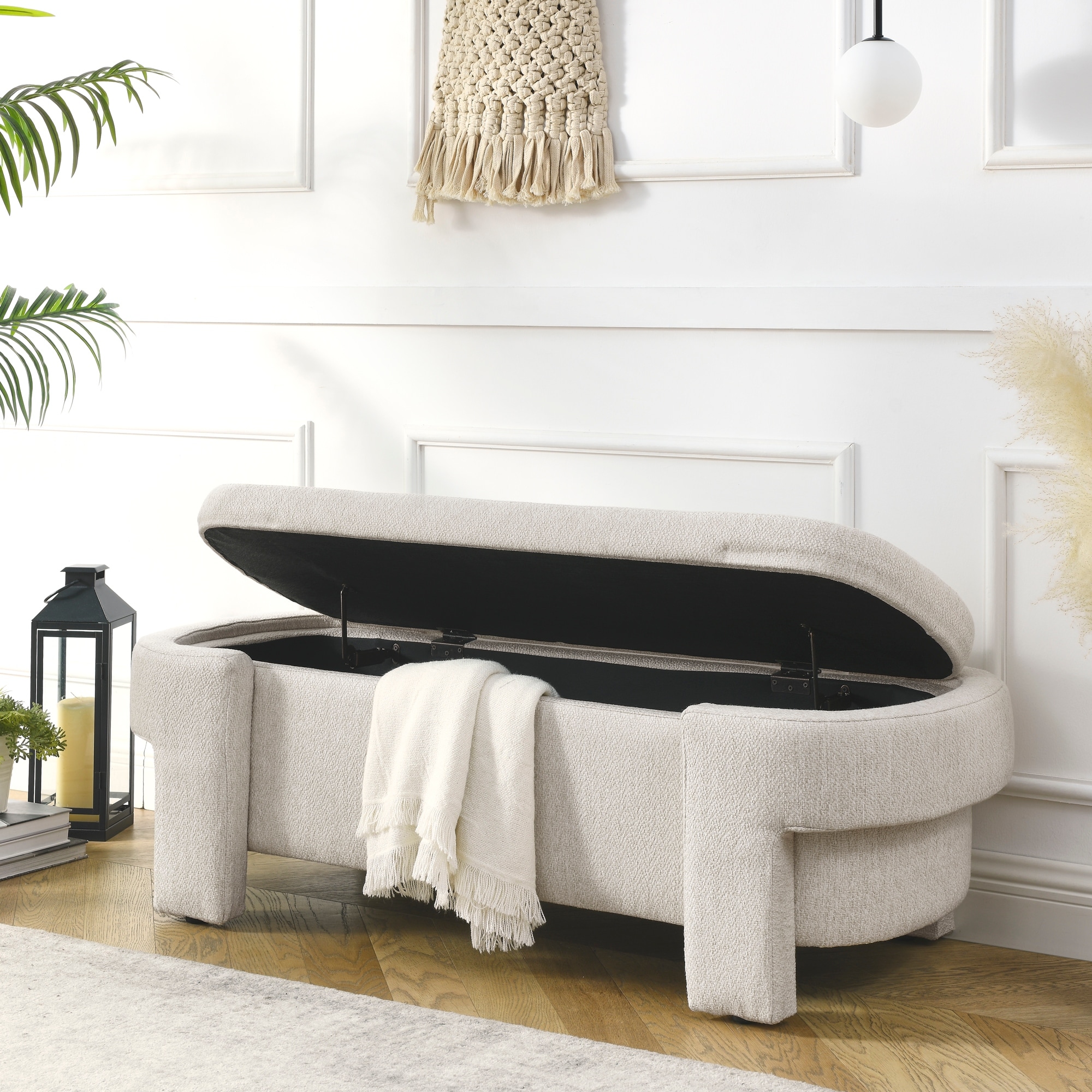 Linen Fabric Upholstered Bench With Large Storage Space For Living Room