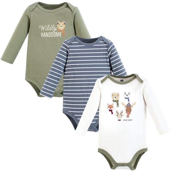 slide 1 of 1, Hudson Baby Infant Boy Cotton Long-Sleeve Bodysuits, Cozy Woodland Friends 0-3 Months - Cozy Woodland Friends Green