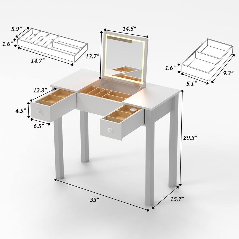 Small Flip Top Makeup Table with LED Lights, Mirror, 2 Drawers