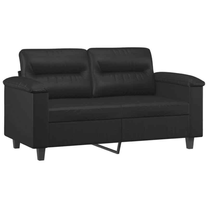 2 Seater Sofa, Black Faux Leather, Tufted Cushions, Steel, 59 Inch