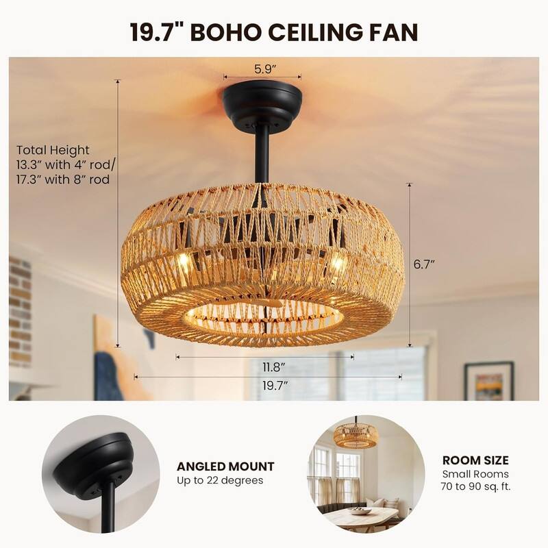 20" Boho Caged Ceiling Fan with Lights Remote Control Rattan Low Profile Ceiling Fan Farmhouse Ceiling Fansfor Kitchen Bedroom