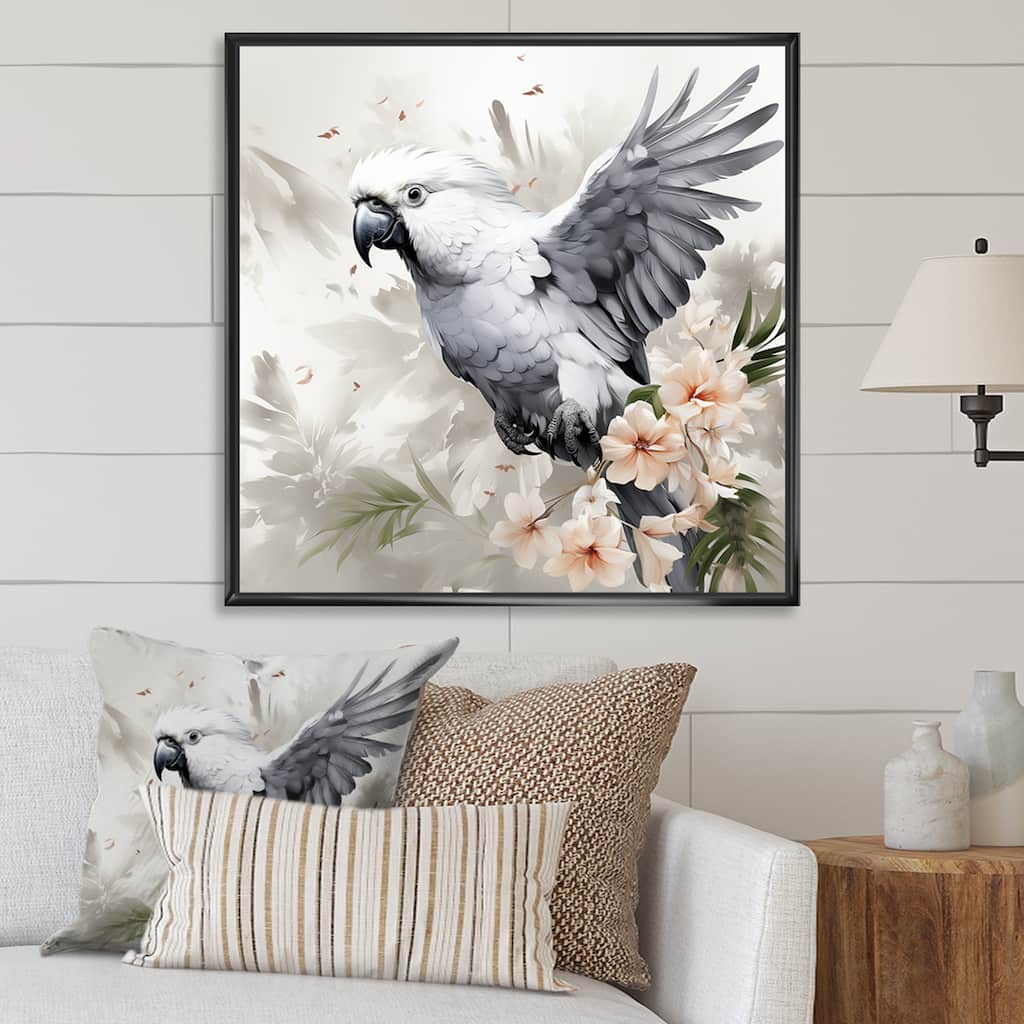 Designart "Grey Parrot In Flight II" Parrot Grey Wall Decor - Modern Hallway Framed Wall Art Decor
