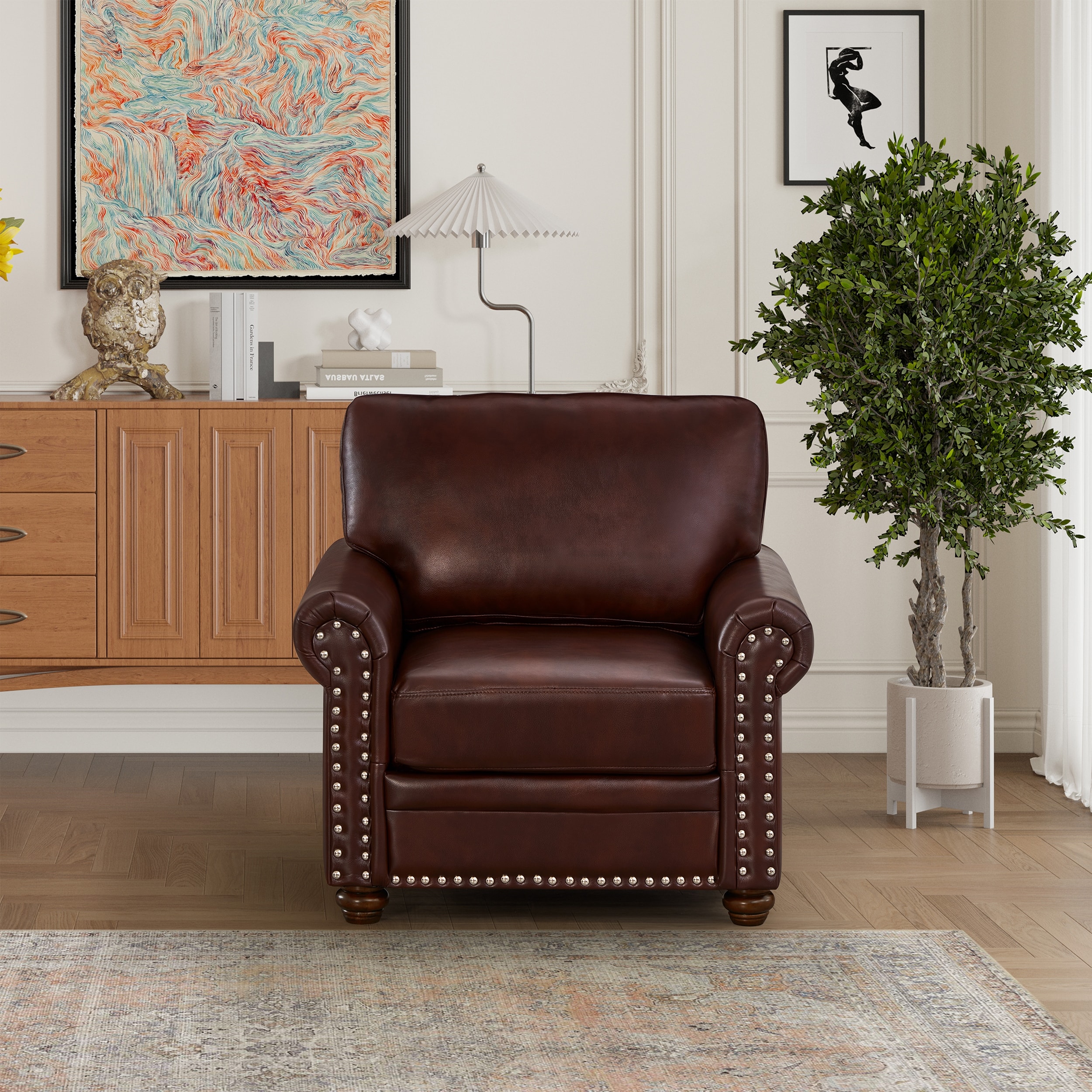 Faux Leather Single Sofa Chair, Upholstered Sofa with Nailhead Trim, Lounge Reading Chair with Solid Wood Legs