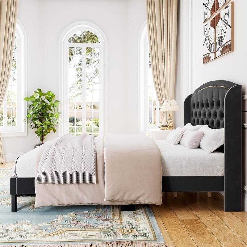 King Velvet Upholstered Platform Bed Frame with Wingback Tufted Headboard & Wood Slat Support, No Box Spring Needed