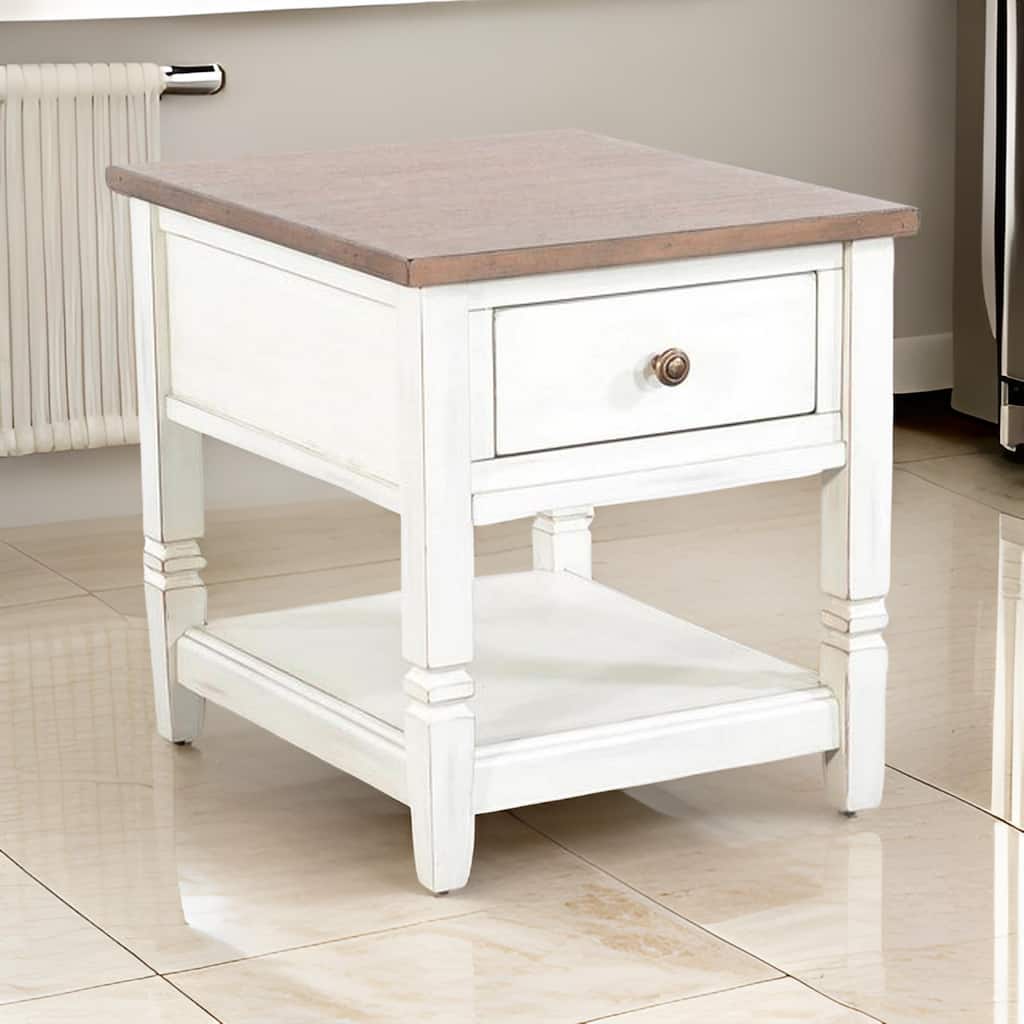 Dean Side End Table w Shelf, Drawer, 26 Inch Rectangular Brown, White