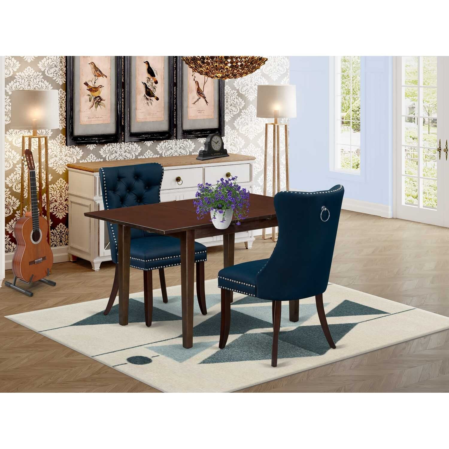 HomeStock 3-Pc Mahogany Finish Rectangular Solid Wood Top with Butterfly Leaf Dining Table Set