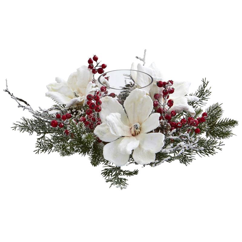 17" Frosted Magnolia and Berry Christmas Artificial Arrangement Candelabrum