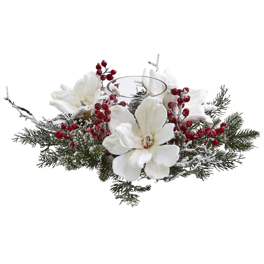 17" Frosted Magnolia and Berry Christmas Artificial Arrangement Candelabrum