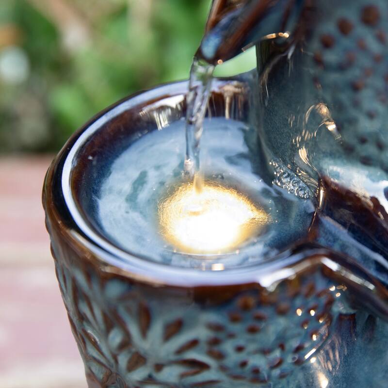 Glitzhome 10"H 3-Tier Turquoise Ceramic Tabletop Fountain with Pump and LED Light