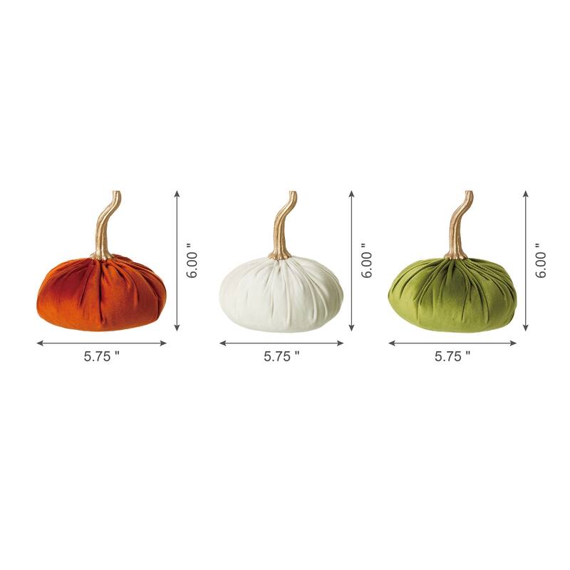 Glitzhome Set of 3 Orange White Green Fall Harvest Velvet Pumpkins Thanksgiving Centerpiece