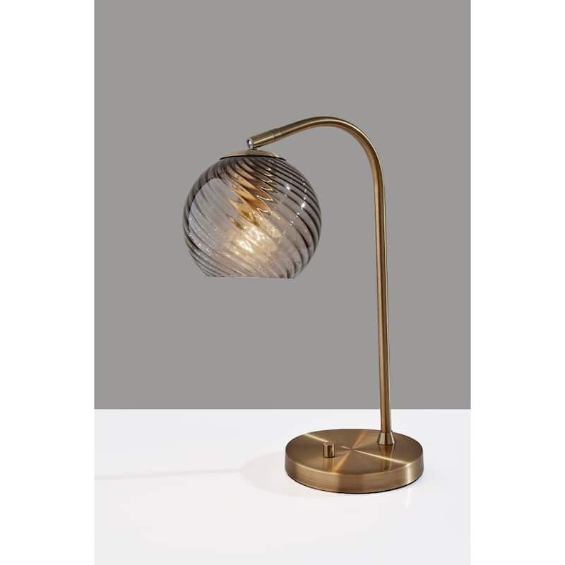 Antiqued Brass Metal Desk Lamp with Light Grey Globe Glass Shade and Socket Switch - 13” x 7.5” x 18.5” (D x W x H)