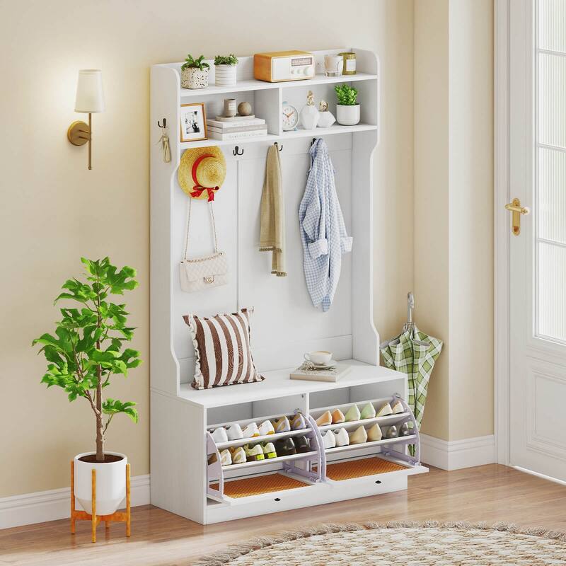 Costway 4-In-1 Hall Tree Entryway Bench with Coat Rack & Flip Drawers - See Details