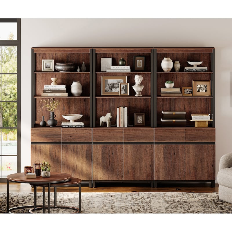 WAMPAT Modern 72" Tall Bookcase with Metal Base and Adjustable Shelves, Library Book Shelf with Storage Cabinet - Brown - 3 Piece